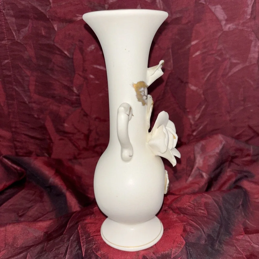 Vintage Wales White Bisque Bud Vase With Applied Roses‎ Handles Brushed Gold EUC